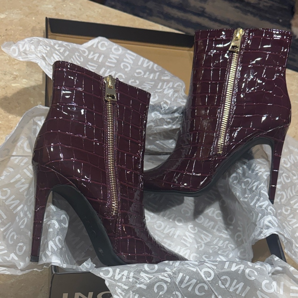 INC International Concepts Women's Burgundy Croc-Embossed Ankle Boots